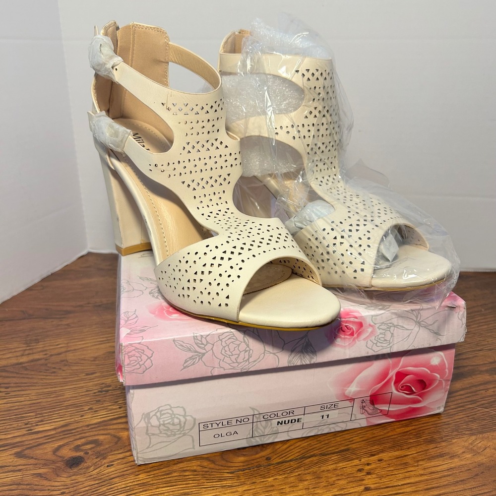 Mila Olga Nude Laser Cut Block Heel Sandals Womens Size 11 Open Toe Cage Heels